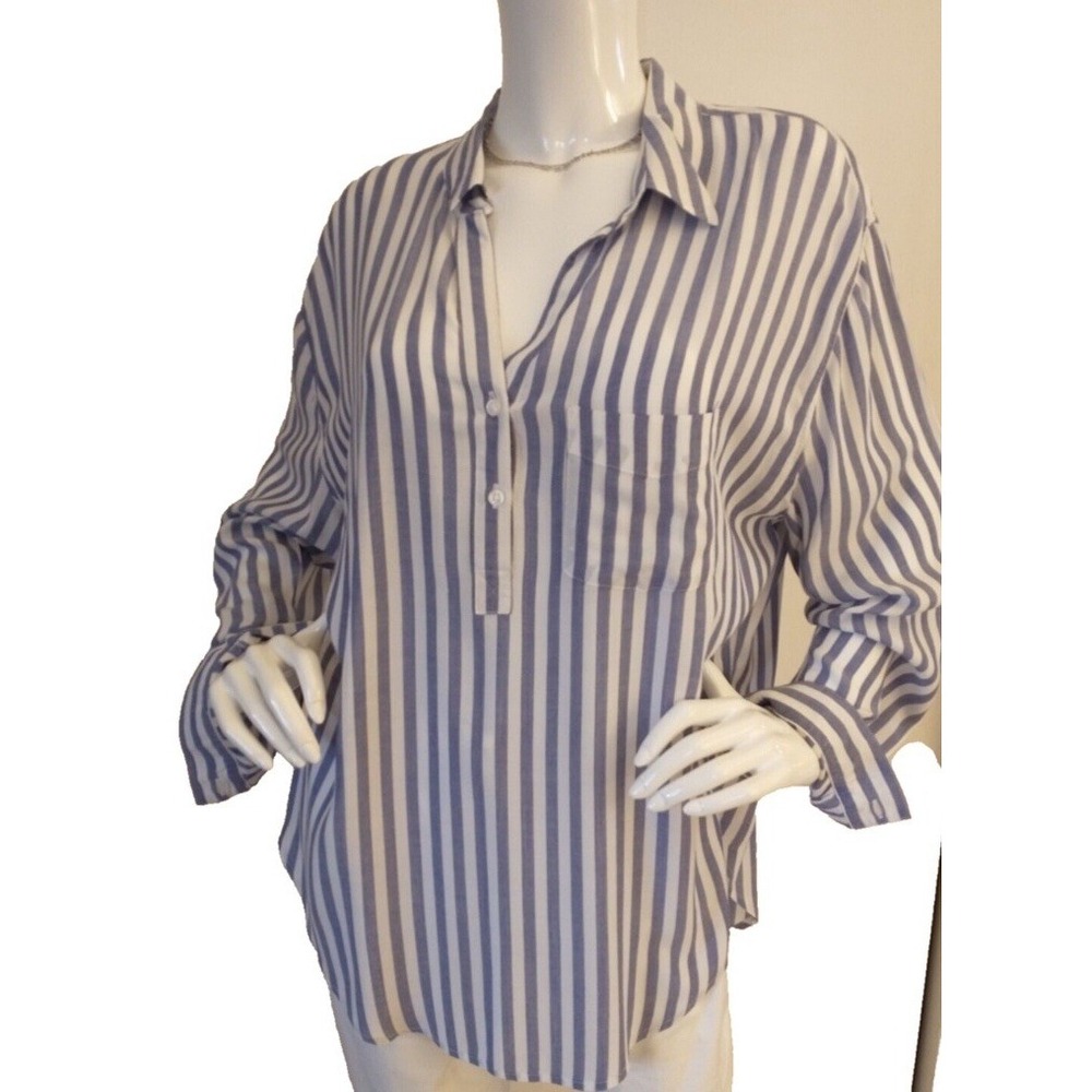 Rails Striped Blue White Rayon Half Button Long Tunic Top Shirt Sz S